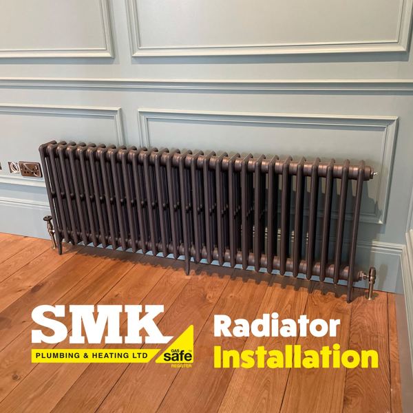 Long column radiator under a panelled wall on an oak floor
